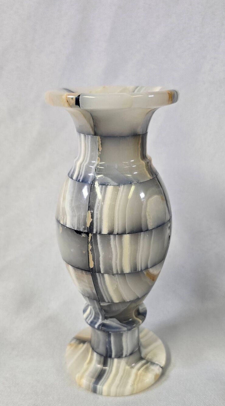 Vintage Patchwork Onyx Marble Tulip Vase – Black, Gray, & Cream - Picture 5 of 10